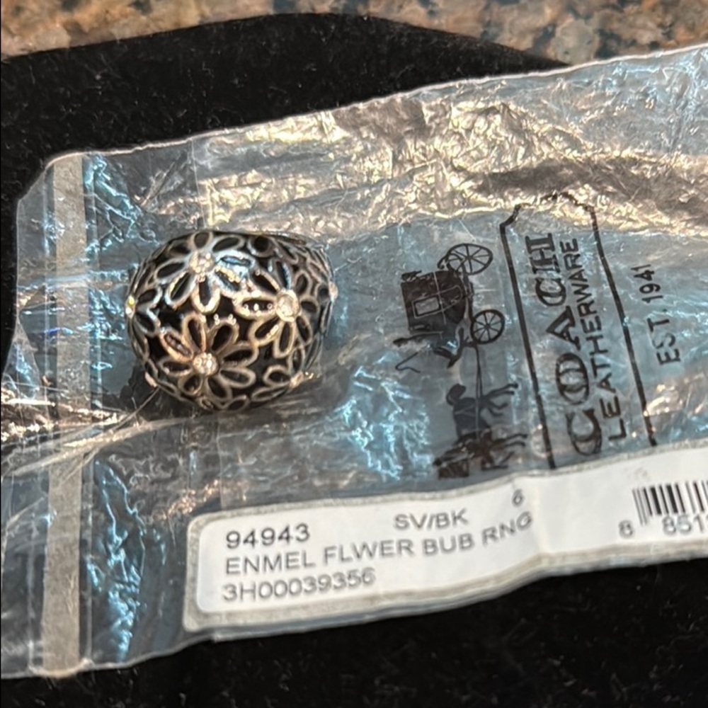 Coach Silver and Black Floral RING size 6